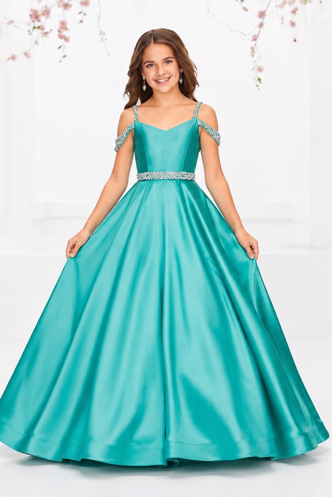 Sunnypetal Luxury Off-Shoulder Satin Rhinestone Flower Girl Princess Gown