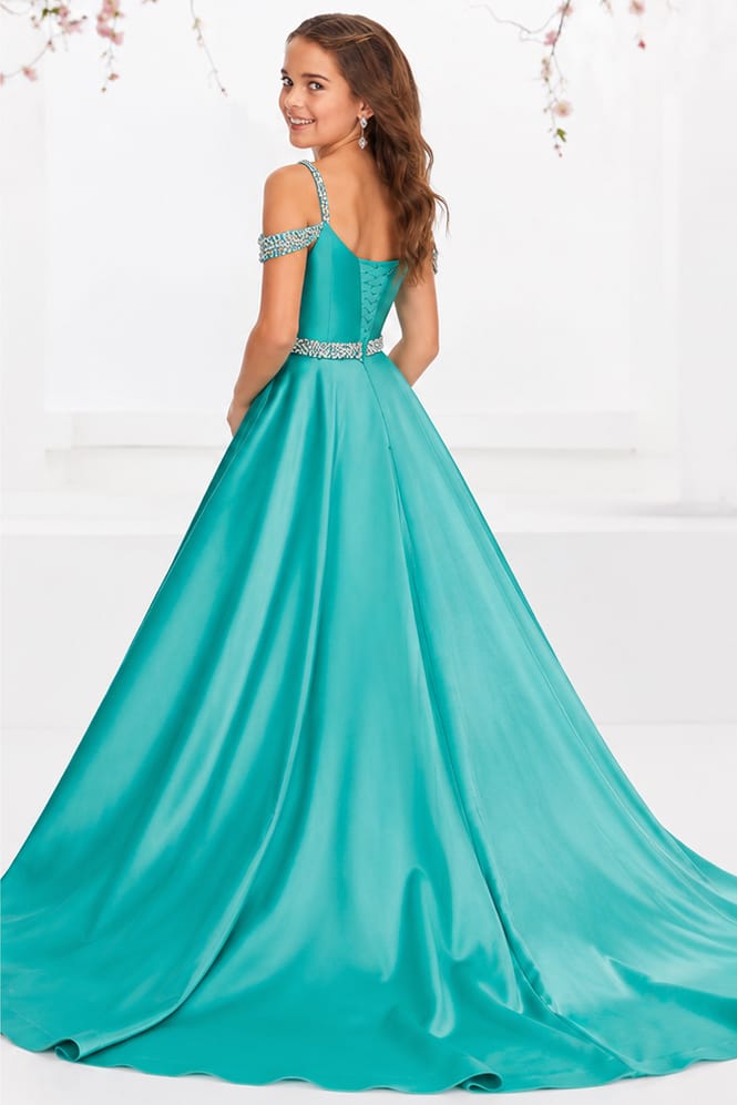 Sunnypetal Luxury Off-Shoulder Satin Rhinestone Flower Girl Princess Gown