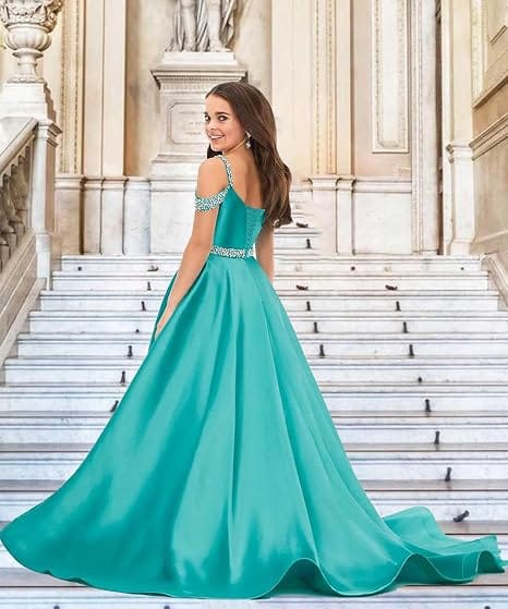 Sunnypetal Luxury Off-Shoulder Satin Rhinestone Flower Girl Princess Gown