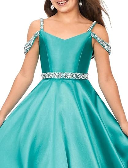 Sunnypetal Luxury Off-Shoulder Satin Rhinestone Flower Girl Princess Gown