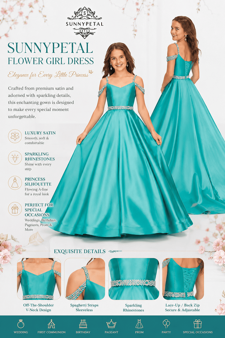 Sunnypetal Luxury Off-Shoulder Satin Rhinestone Flower Girl Princess Gown