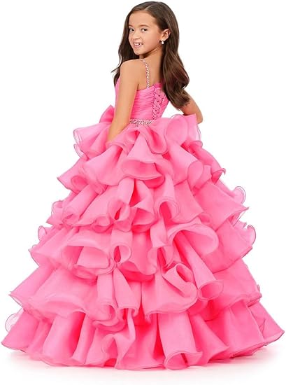 Sunnypetal Luxury One Shoulder Organza Ruffle Flower Girl Pageant Gown