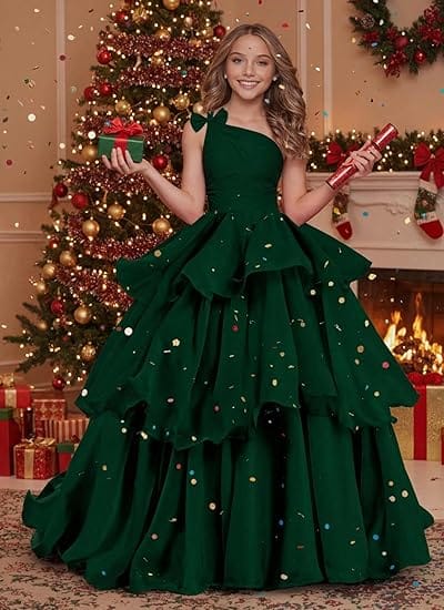 Sunnypetal Luxury One-Shoulder Puffy Organza Flower Girl Dress Princess Pageant Gown