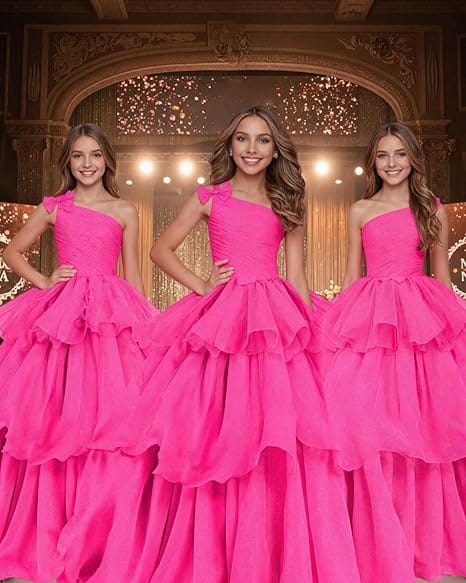 Sunnypetal Luxury One-Shoulder Puffy Organza Flower Girl Dress Princess Pageant Gown