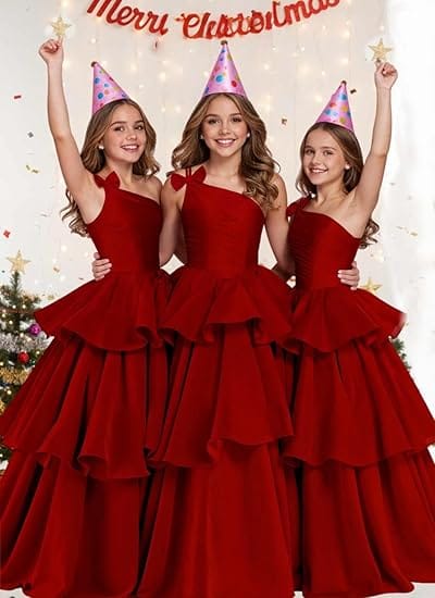 Sunnypetal Luxury One-Shoulder Puffy Organza Flower Girl Dress Princess Pageant Gown