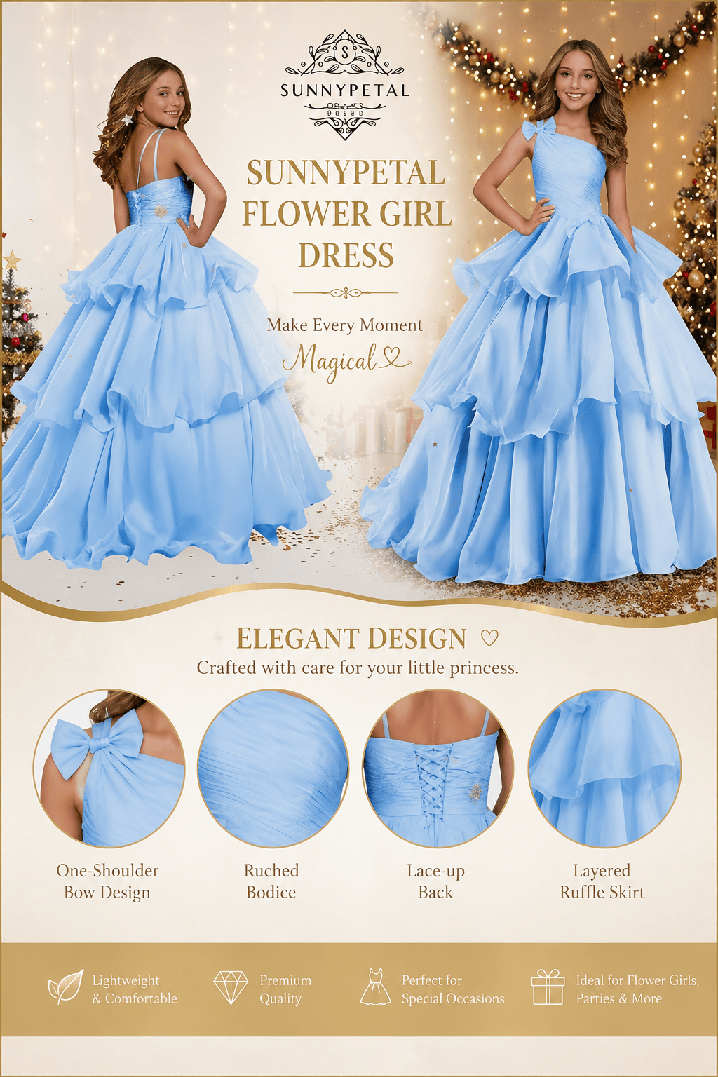 Sunnypetal Luxury One-Shoulder Puffy Organza Flower Girl Dress Princess Pageant Gown