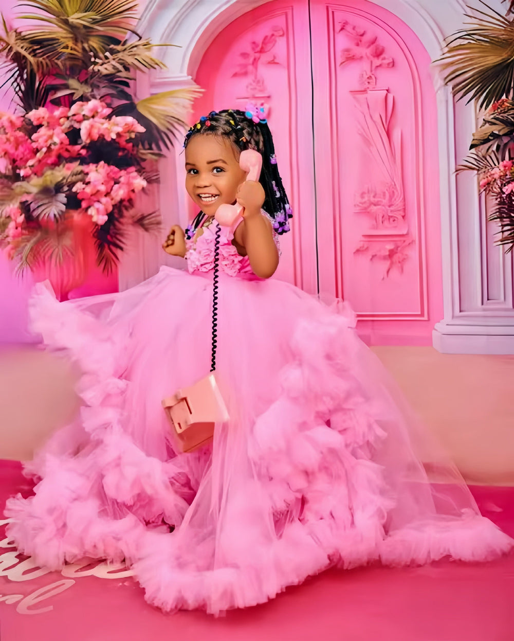 Sunnypetal Luxury Pink Kids Birthday Gown Beaded Ruffles Tulle Flower Girl Dresses