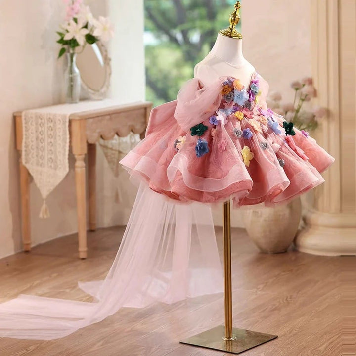 Sunnypetal Luxury Pink Off Shoulder Ruffle Layered Flower Girl Dress with Big Bow Back
