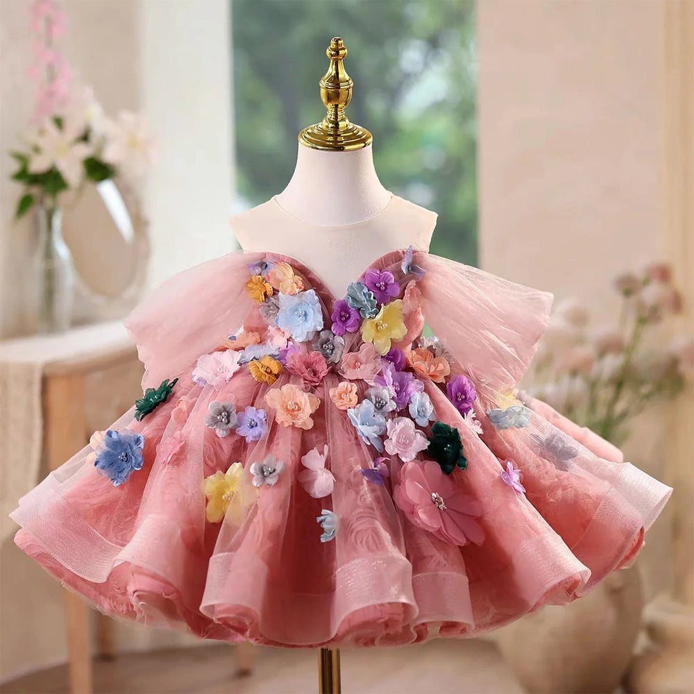 Sunnypetal Luxury Pink Off Shoulder Ruffle Layered Flower Girl Dress with Big Bow Back