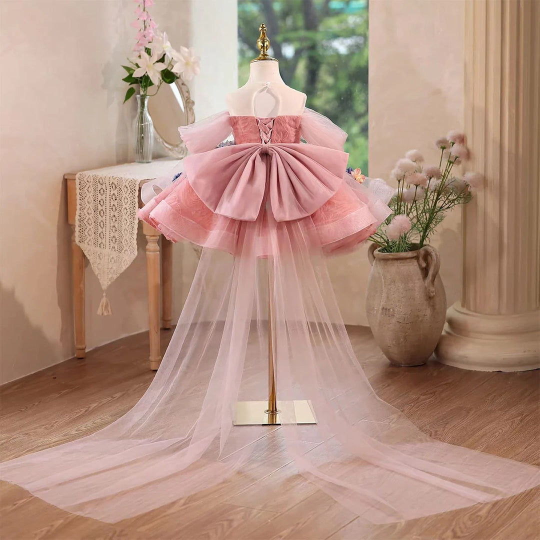 Sunnypetal Luxury Pink Off Shoulder Ruffle Layered Flower Girl Dress with Big Bow Back