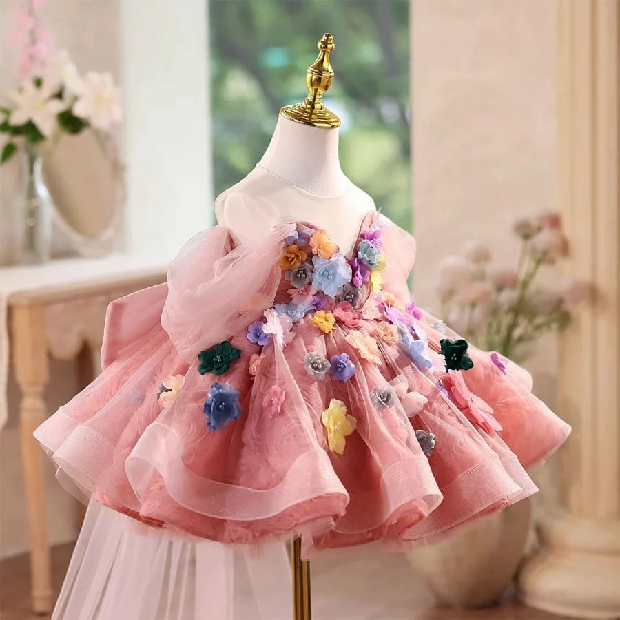 Sunnypetal Luxury Pink Off Shoulder Ruffle Layered Flower Girl Dress with Big Bow Back