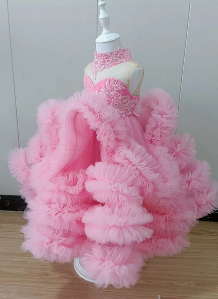 Sunnypetal Luxury Pink Ruffled Tulle Flower Girl Dress with Beaded Lace Appliques