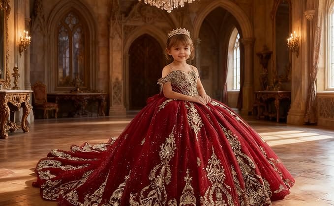 Sunnypetal Luxury Red Gold Embroidery Tulle Ball Gown Flower Girl Dress with Bow