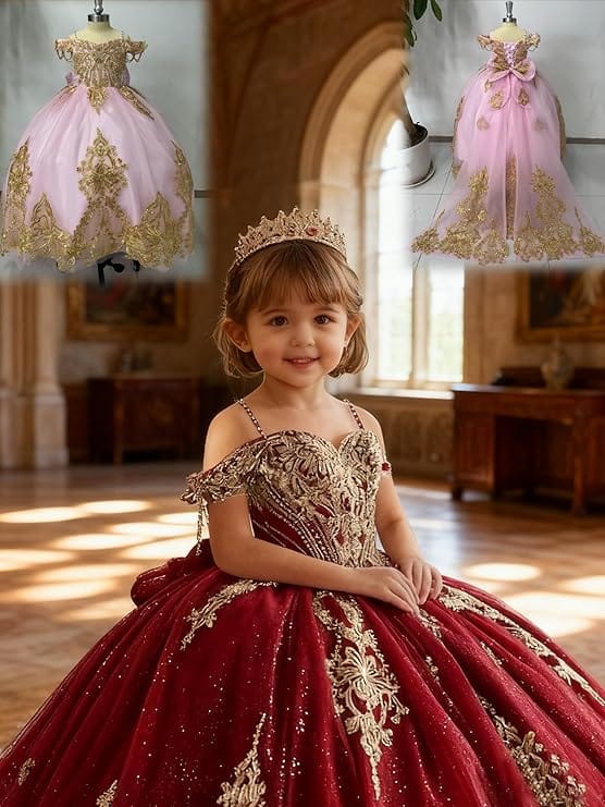 Sunnypetal Luxury Red Gold Embroidery Tulle Ball Gown Flower Girl Dress with Bow