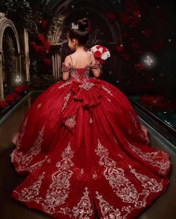 Sunnypetal Luxury Red Gold Embroidery Tulle Ball Gown Flower Girl Dress with Bow