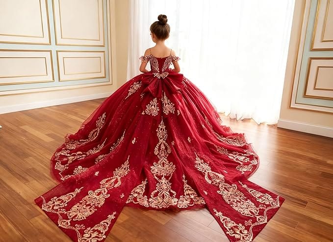 Sunnypetal Luxury Red Gold Embroidery Tulle Ball Gown Flower Girl Dress with Bow