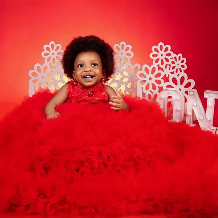 Sunnypetal Luxury Red Ruffles Tiered Tulle Flower Girl Dresses First Birthday Gown