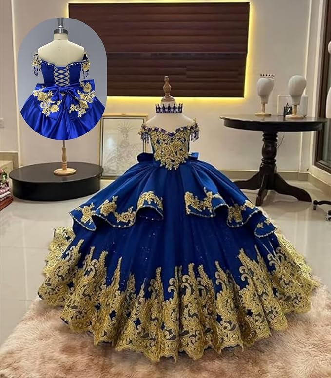 Sunnypetal Luxury Royal Blue Off-Shoulder Ball Gown Flower Girl Dress with Gold Embroidery
