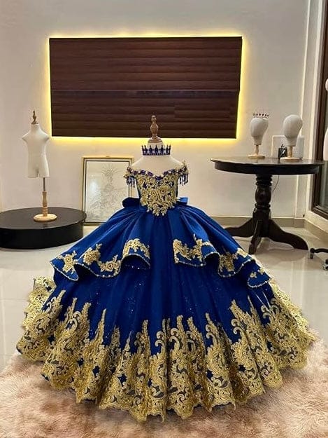 Sunnypetal Luxury Royal Blue Off-Shoulder Ball Gown Flower Girl Dress with Gold Embroidery