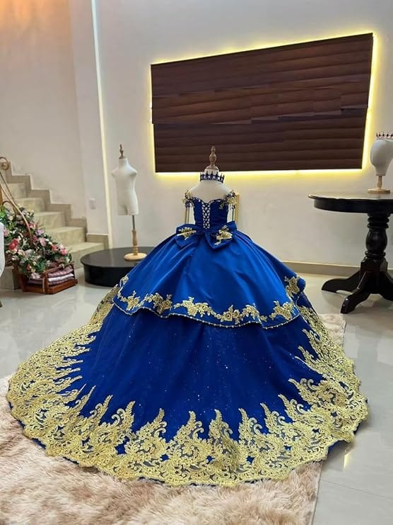 Sunnypetal Luxury Royal Blue Off-Shoulder Ball Gown Flower Girl Dress with Gold Embroidery