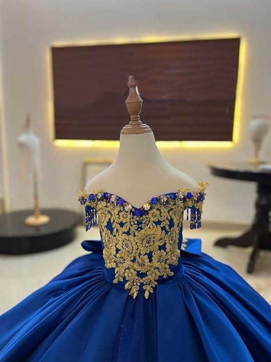 Sunnypetal Luxury Royal Blue Off-Shoulder Ball Gown Flower Girl Dress with Gold Embroidery