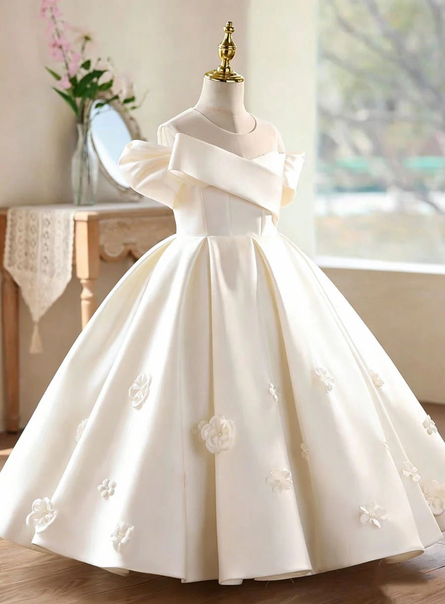Sunnypetal Luxury Satin Off-Shoulder Flower Girl Dress with 3D Floral Details