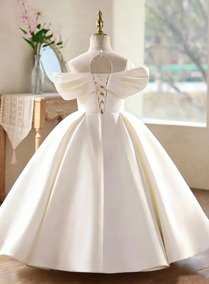 Sunnypetal Luxury Satin Off-Shoulder Flower Girl Dress with 3D Floral Details