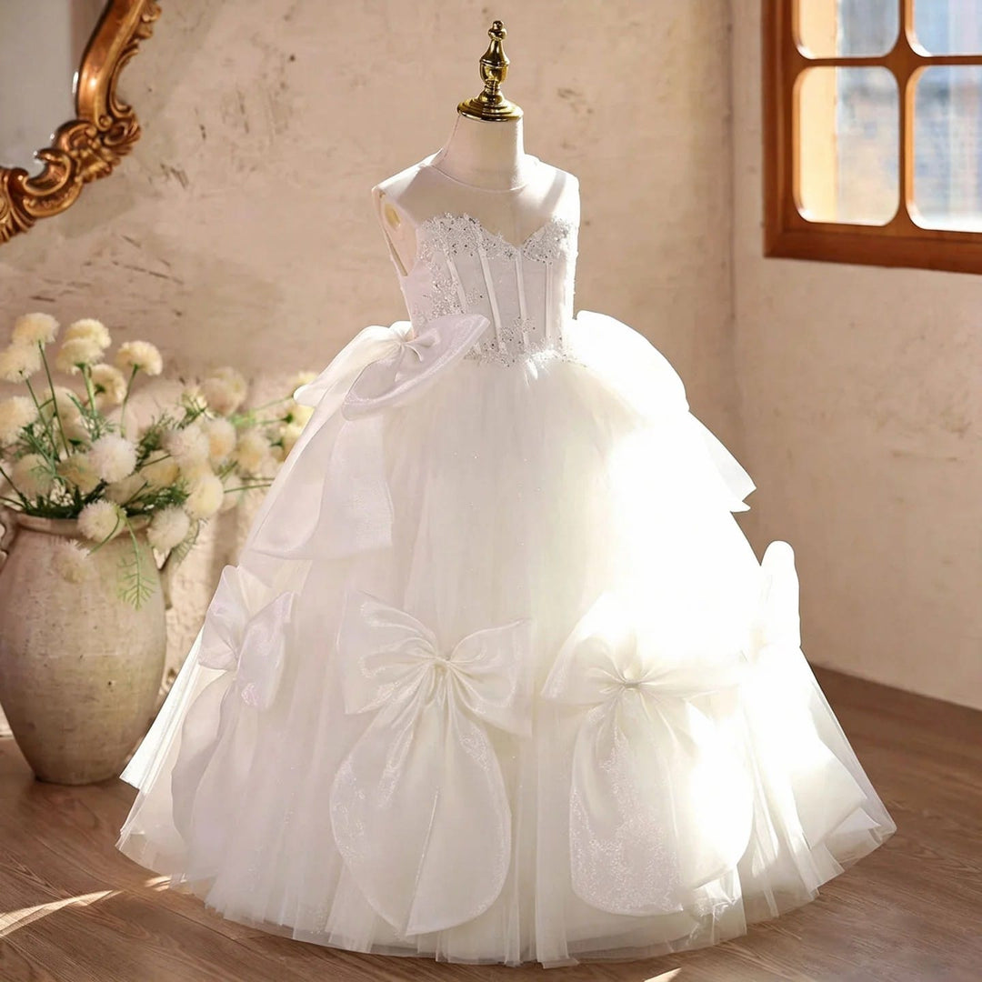 Sunnypetal Luxury White Tulle Princess Flower Girl Dress with Beaded Applique &amp; Elegant Bow