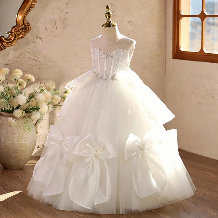 Sunnypetal Luxury White Tulle Princess Flower Girl Dress with Beaded Applique &amp; Elegant Bow