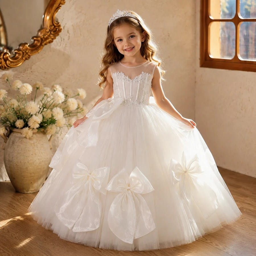 Sunnypetal Luxury White Tulle Princess Flower Girl Dress with Beaded Applique & Elegant Bow