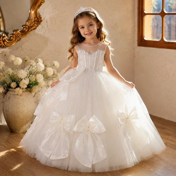 Sunnypetal Luxury White Tulle Princess Flower Girl Dress with Beaded Applique &amp; Elegant Bow