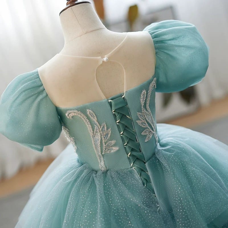 Sunnypetal Mint Green Tiered Tulle Princess Flower Girl Dress with Puff Sleeves &amp; Embroidered Bodice