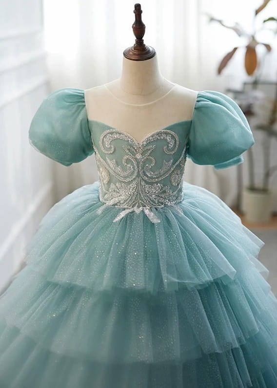 Sunnypetal Mint Green Tiered Tulle Princess Flower Girl Dress with Puff Sleeves &amp; Embroidered Bodice