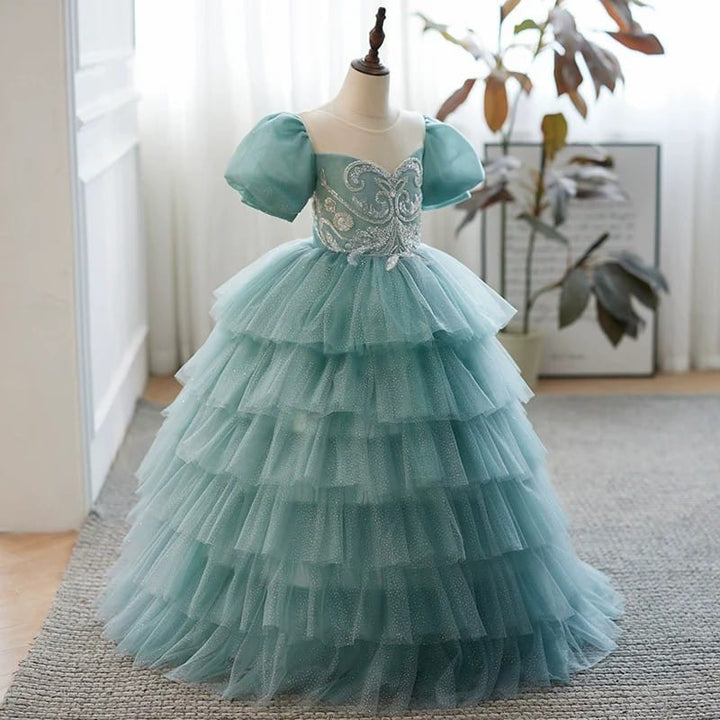 Sunnypetal Mint Green Tiered Tulle Princess Flower Girl Dress with Puff Sleeves &amp; Embroidered Bodice