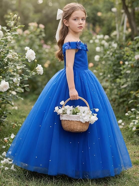 Sunnypetal Off-Shoulder Ankle-Length Tulle Princess Flower Girl Dress with 3D Butterfly