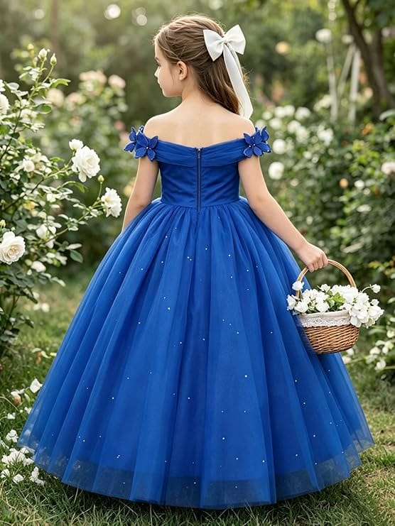 Sunnypetal Off-Shoulder Ankle-Length Tulle Princess Flower Girl Dress with 3D Butterfly