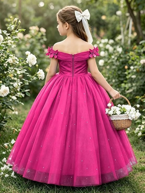 Sunnypetal Off-Shoulder Ankle-Length Tulle Princess Flower Girl Dress with 3D Butterfly