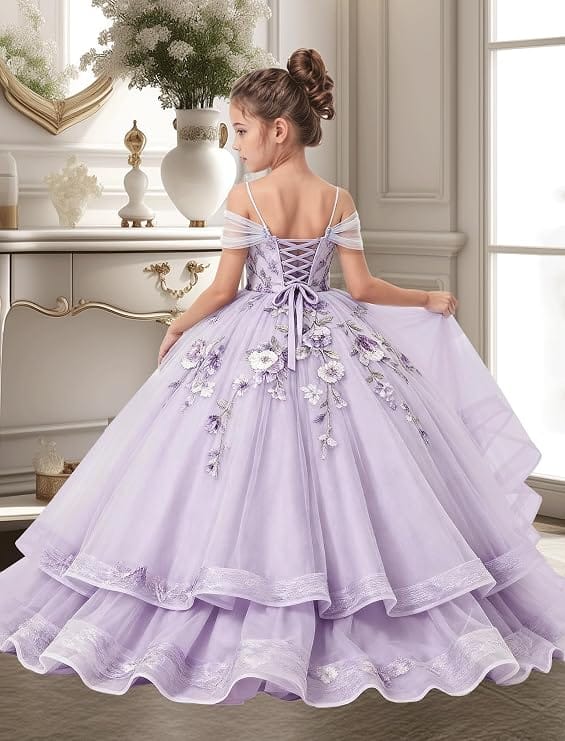 Sunnypetal Off-Shoulder Floral Appliqué Tulle Flower Girl Dress for Special Occasions