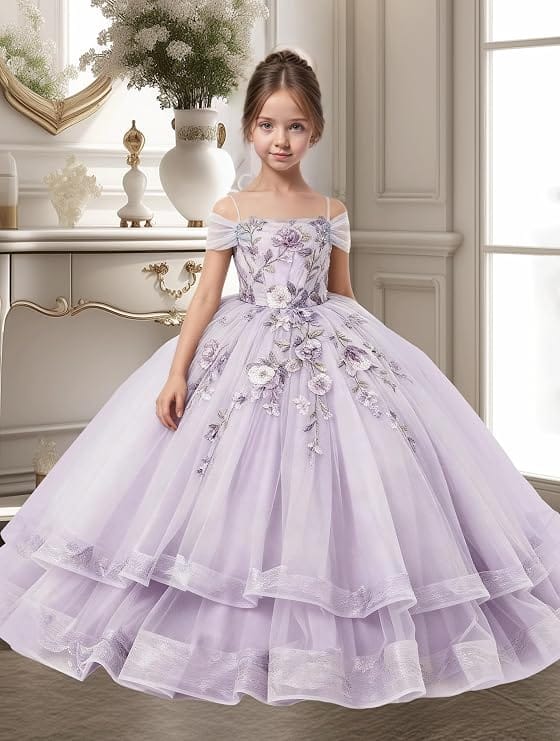 Sunnypetal Off-Shoulder Floral Appliqué Tulle Flower Girl Dress for Special Occasions