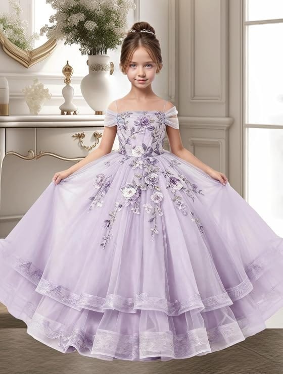 Sunnypetal Off-Shoulder Floral Appliqué Tulle Flower Girl Dress for Special Occasions
