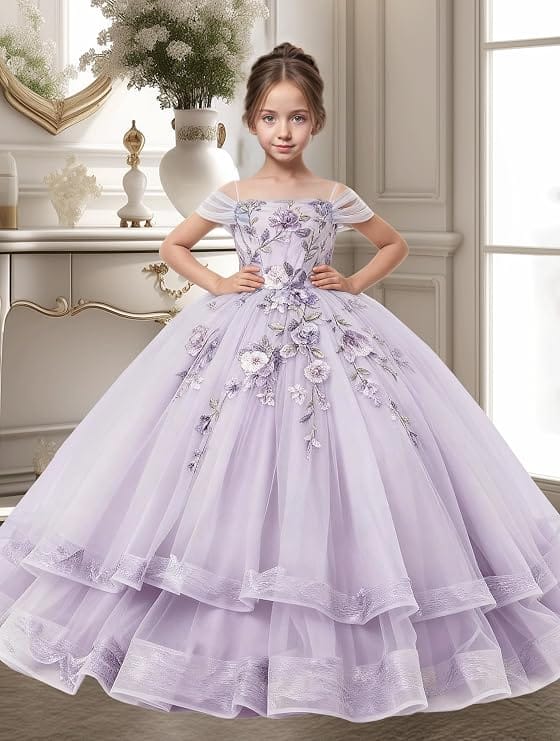 Sunnypetal Off-Shoulder Floral Appliqué Tulle Flower Girl Dress for Special Occasions