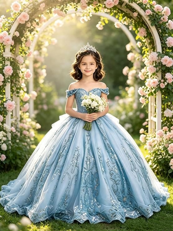 Sunnypetal Off-Shoulder Lace Applique Beaded Flower Girl Pageant Dress