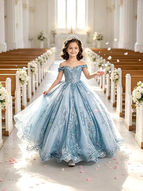 Sunnypetal Off-Shoulder Lace Applique Beaded Flower Girl Pageant Dress