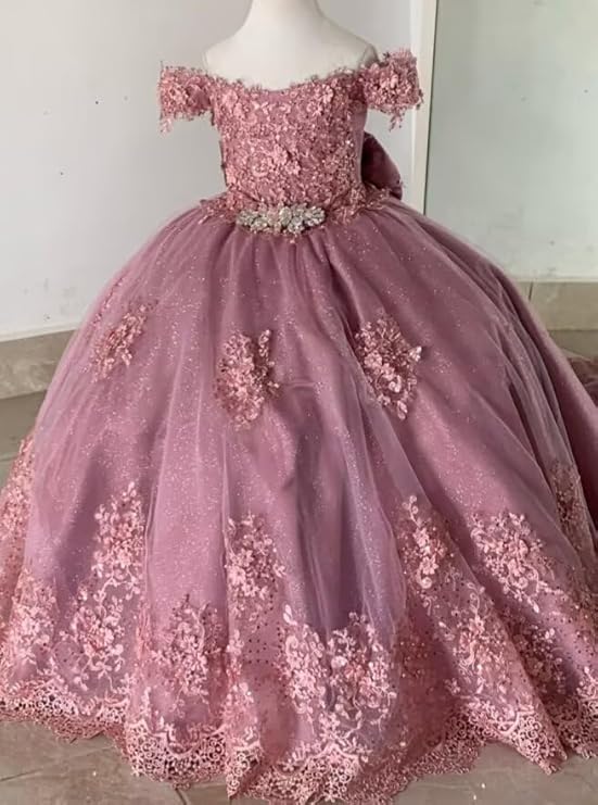 Sunnypetal Off-Shoulder Lace Appliqué Flower Girl &amp; Pageant Ball Gown with Bow