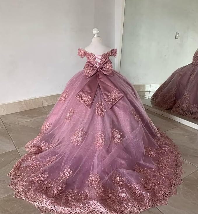 Sunnypetal Off-Shoulder Lace Appliqué Flower Girl & Pageant Ball Gown with Bow