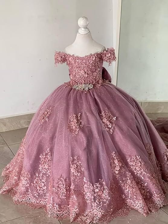 Sunnypetal Off-Shoulder Lace Appliqué Flower Girl & Pageant Ball Gown with Bow