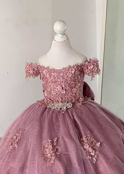 Sunnypetal Off-Shoulder Lace Appliqué Flower Girl &amp; Pageant Ball Gown with Bow