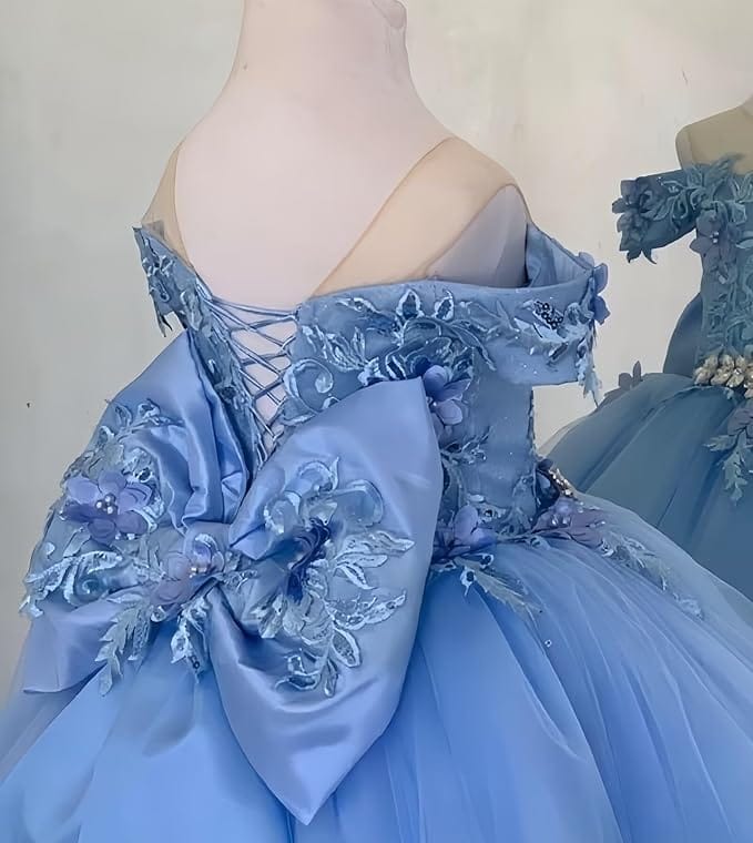 Sunnypetal Off-Shoulder Lace Appliques Tulle Flower Ball Gown Dresses with Bow