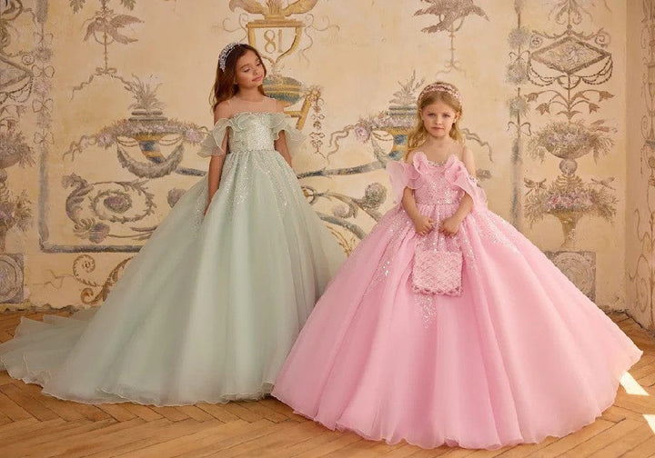 Sunnypetal Off-Shoulder Ruffle Neckline Long Tulle Pageant Flower Girl Dress