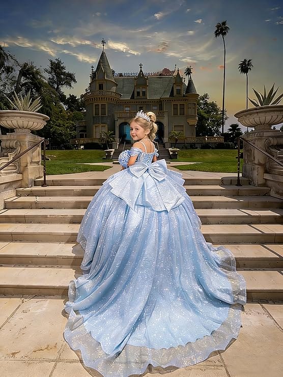 Sunnypetal Off-Shoulder Sweetheart Glitter Tulle Flower Girl Dress with Pearls Bow